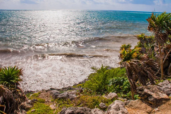 Vista Aérea Mar Caribe Tulum México Dia Ensolarado Yucatan Riviera — Fotografia de Stock