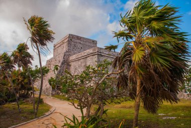 Maya harabelerini geri Tulum, Meksika, Riviera Maya, Yucatan. Eski binalar maya imparatorluktan yüzlerce yıl önce.