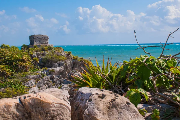 风之神在加勒比海绿松石寺 在墨西哥 尤卡坦半岛的坎昆 古玛雅遗迹 — 图库照片