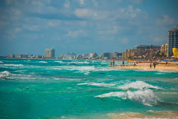 Horrible Playa Sucia Mar Caribe Con Tina Algas Basura Cancún — Foto de Stock