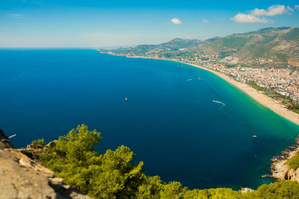 Amazing Cleopatra beaches view from Alanya Castle in Antalya, Antalya district, Turkey, Asia. Summer bright day