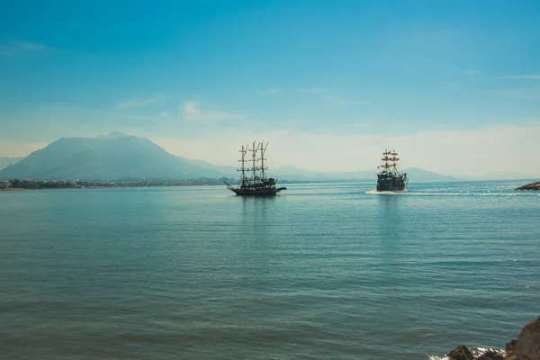 Pirate ship for the entertainment of tourists sailing on the sea. Alanya peninsula, Antalya district, Turkey, Asia