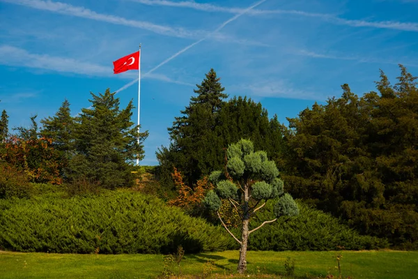 トルコの首都アンカラ トルコの赤い旗はムスタファ ケマル アタチュルク廟近くの公園で風に開発して — ストック写真