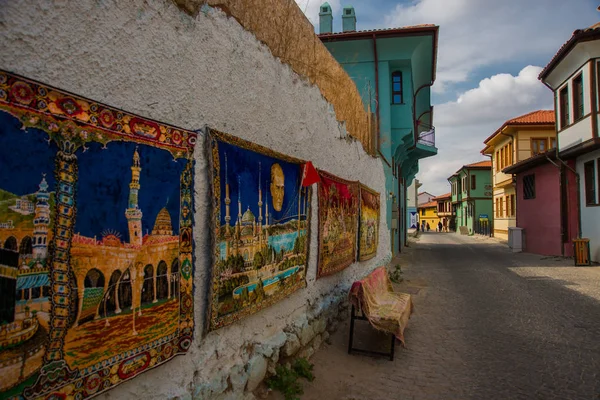 Traditional rugs with a landscape. Historical Homes and street from Odunpazari. Eskisehir. Eskisehir is populer tourist deatination in Turkey.