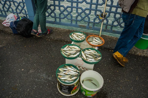 Het Vangen Van Een Visser Brug Vis Een Emmer Istanbul — Stockfoto
