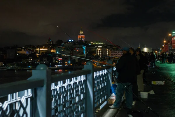 Istanbul Turkey Fishermen Catch Fish Bridge Long Rods Night Landscape — Stock Photo, Image