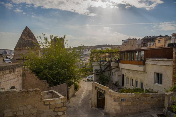 Goreme, Cappadocia, Turkey: Famous cave hotels in Goreme. Beautiful panorama of the city. Landscape with view of cave houses