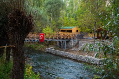 Nehir ve Türk bayrağı ile Köprü. Türkiye'ye - Aksaray ili bahar Kapadokya Ihlara Vadisi eski gorge yeşil ağaçların seyahat.