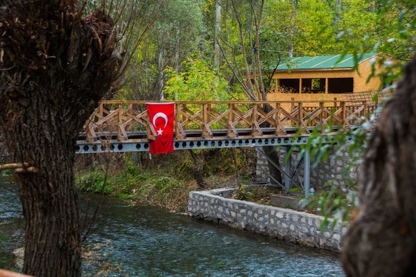 Sungai Dan Jembatan Dengan Bendera Turki Perjalanan Turki Pohon Hijau — Stok Foto