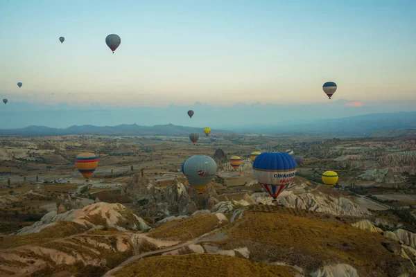 Many Colorful Hot Air Balloons Flight Mountains Panorama Cappadocia Sunrise — Stock Photo, Image