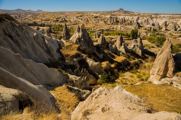 Capadocia Turquía Hermoso Paisaje Panorama Montañas Rocas Fortaleza Uchisar Horizonte — Foto de Stock