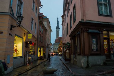 Tallinn, Estonya: bir Noel ağacı ve aydınlatma ile Hall Tower, yatay. Eski şehrin güzel sokak.