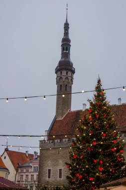Tallinn, Estonya: Güzel bir akşam yeni yıl manzara. Belediye Binası ve Noel ağacı ışıkları.