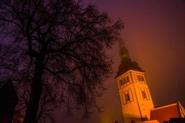 Tallinn, Estonya: Aziz Nicholas Kilisesi, Niguliste Kilisesi, Niguliste kırık. Gece peyzaj aydınlatma ile. Kilise kurdu ve etrafında inşa 1230-1275. Bugün Estonya Sanat Müzesi bir dalı evler.