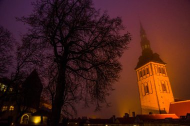 Tallinn, Estonya: Aziz Nicholas Kilisesi, Niguliste Kilisesi, Niguliste kırık. Gece peyzaj aydınlatma ile. Kilise kurdu ve etrafında inşa 1230-1275. Bugün Estonya Sanat Müzesi bir dalı evler.