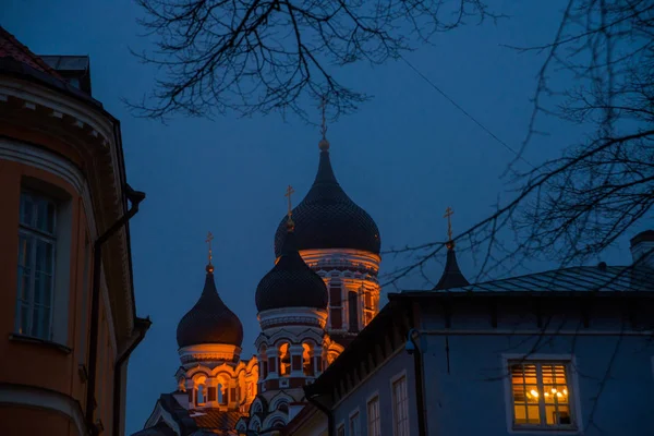 Tallinn Estonia Paesaggio Notturno Con Illuminazione Veduta Della Cattedrale Alexander — Foto Stock