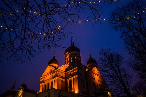 Tallinn Estland Natten Landskap Med Belysning Utsikt Över Alexander Nevskij — Stockfoto