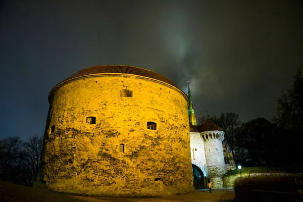 脂肪マーガレット大砲タワー タリン エストニアの要塞への入り口の美しい夜景 — ストック写真