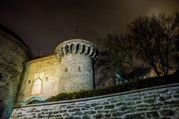 Пушечная Башня Фэт Маргарет Ночной Вид Вход Крепость Подсветкой Таллинн — стоковое фото