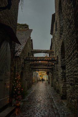 St. Catherine's Passage, peyzaj aydınlatma ile akşam görünümünü. Eski Town, Tallinn, Estonya