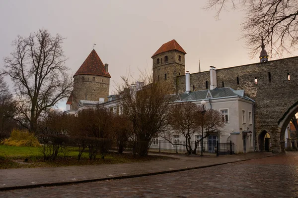 Średniowieczna Twierdza Wież Starym Mieście Tallinn Estonia Wieże Mają Czerwoną — Zdjęcie stockowe