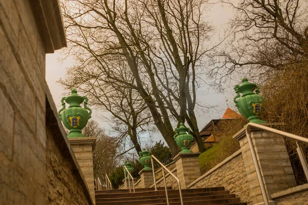 Tallinn Estónia Escadaria Com Degraus Belos Vasos Decorativos Verdes Leva — Fotografia de Stock