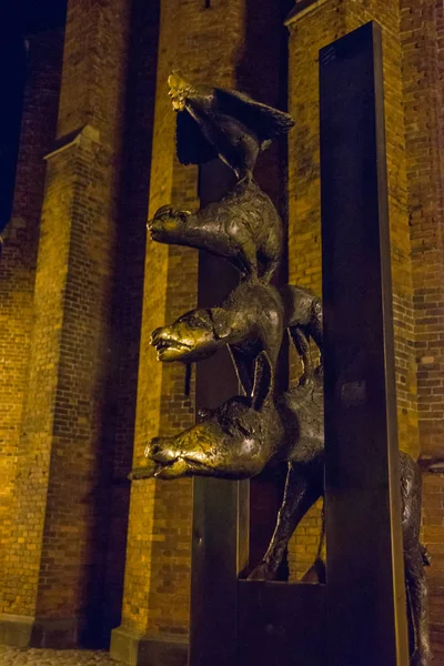Statue Der Bremer Stadtmusikanten Riga Lettland Nachtlandschaft Altstadt Von Riga — Stockfoto