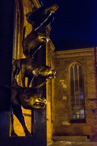 Estátua Dos Músicos Cidade Bremen Riga Letônia Paisagem Noturna Centro — Fotografia de Stock