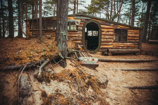 Hermosa Casa Madera Con Puerta Redonda Bosque Rusia Región Leningrado — Foto de Stock