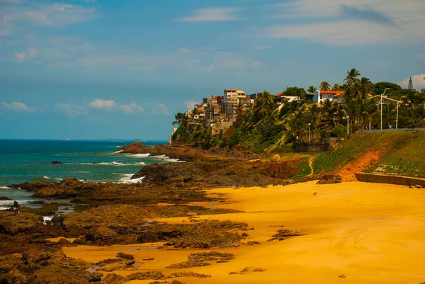 Spiaggia brasiliana con sabbia gialla e mare blu con tempo soleggiato. Brasile. Salvador. America del Sud — Foto Stock