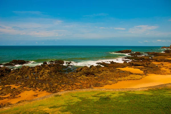 Playa brasileña con arena amarilla y mar azul en tiempo soleado. Brasil. Salvador. América del Sur —  Fotos de Stock