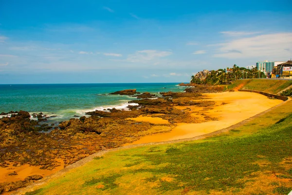 Spiaggia brasiliana con sabbia gialla e mare blu con tempo soleggiato. Brasile. Salvador. America del Sud — Foto Stock