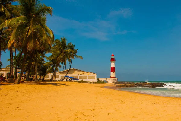 萨尔瓦多，巴伊亚，巴西：法罗尔德伊塔普阿在粗糙的大海。海滩上的热带景观，有棕榈树和灯塔 — 图库照片