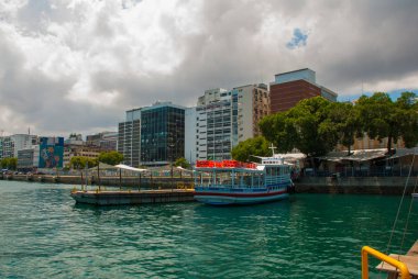 Salvador, Bahia, Brezilya: Sudan şehrin güzel manzarası ile güzel manzara. Evler, gökdelenler, gemiler ve turistik yerler.