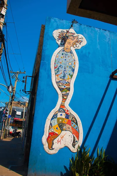 Salvador, Brazilië: kleurrijke Braziliaanse straatkunst graffiti scène, foto geschilderd op zeemeermin muur — Stockfoto