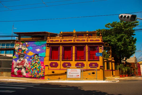 SALVADOR, BRASIL: Hermosos dibujos pintados con pinturas en la pared. Hermoso Graffiti en los edificios . — Foto de Stock