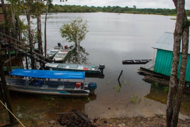 Amazon nehri, Manaus, Amazonas, Brezilya: Evler ve tekneler ile Amazon nehri bakan güzel manzara.