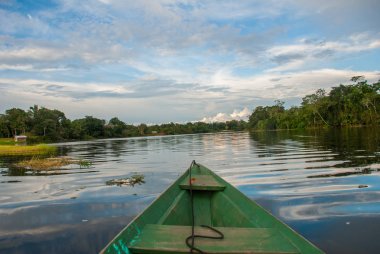 Ormanda Amazon nehri üzerinde ahşap bir teknede yelken. Amazon Nehri Manaus, Amazonas, Brezilya.
