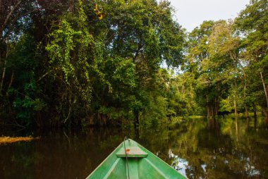 Amazon nehri, Manaus, Amazonas, Brezilya: Amazon ormanının durgun sularında Amazon nehri üzerinde yüzen ahşap tekne.