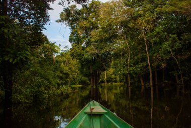 Amazon nehri, Manaus, Amazonas, Brezilya: Amazon ormanının durgun sularında Amazon nehri üzerinde yüzen ahşap tekne.