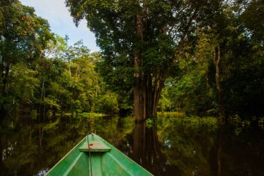Amazon nehri, Manaus, Amazonas, Brezilya: Amazon ormanının durgun sularında Amazon nehri üzerinde yüzen ahşap tekne.