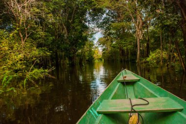 Amazon nehri, Manaus, Amazonas, Brezilya: Amazon ormanının durgun sularında Amazon nehri üzerinde yüzen ahşap tekne.