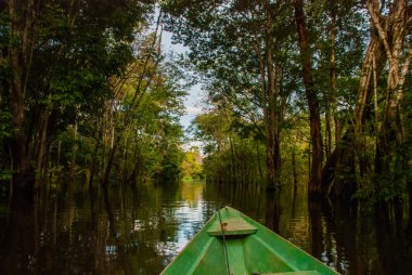 Amazon nehri, Manaus, Amazonas, Brezilya: Amazon ormanının durgun sularında Amazon nehri üzerinde yüzen ahşap tekne.