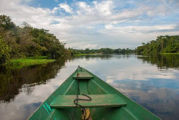 Vista desde el barco en el río Amazonas, con un denso bosque en la orilla y el cielo azul, Anazonas, Brasil — Foto de Stock