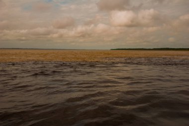 Manaus, Amazonas, Brezilya: Iki renkli nehir, Rio Negro, Solimoes birleşmesi. Toplantı, çok renkli sular karışmaz ve yan yana şekilde devam, böylece her nehir kendi co ile kalır