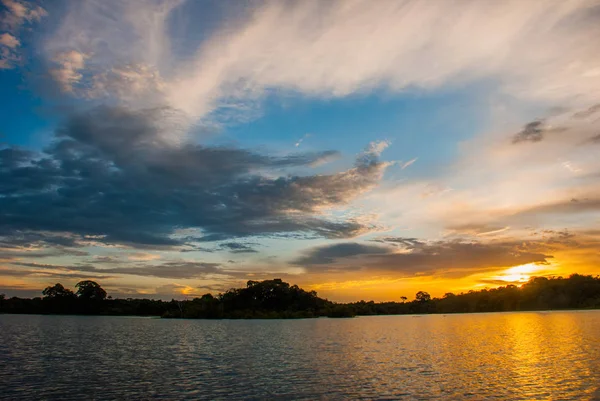 Nehre ve Amazon ormanına bakan güzel gün batımı manzarası. Manaus, Amazonas, Brezilya — Stok fotoğraf