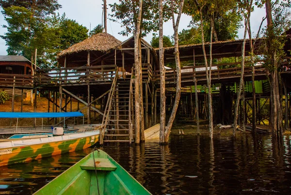 Amazon river, Manaus, Amazonas, Brazil: Amazon landscape with beautiful views. Wooden houses on an island on the Amazon river in the jungle.