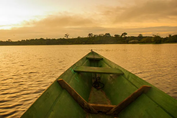Прекрасный восход солнца на реке. Вид с лодки на реке Амазонки, с густым лесом на берегу и голубым небом, Анасонас, Бразилия — стоковое фото