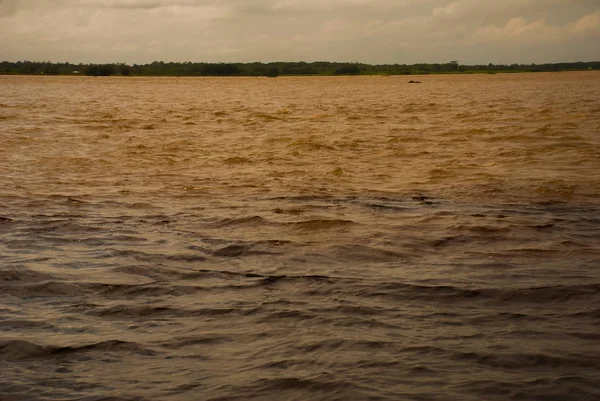 Manaus, Amazonas, Brasil: Penggabungan dua sungai berwarna, Rio Negro, Solimoes. Pertemuan, air berwarna-warni tidak bercampur, dan terus jalan berdampingan, sehingga setiap sungai tetap dengan co sendiri — Stok Foto