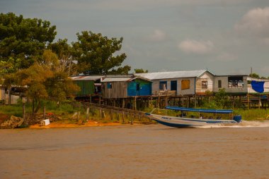 Amazon nehri, Amazonas, Brezilya: Ormanda geleneksel yerel binalar, nehir üzerinde küçük ahşap evler. Nehir Amazon manzaralı güzel manzara